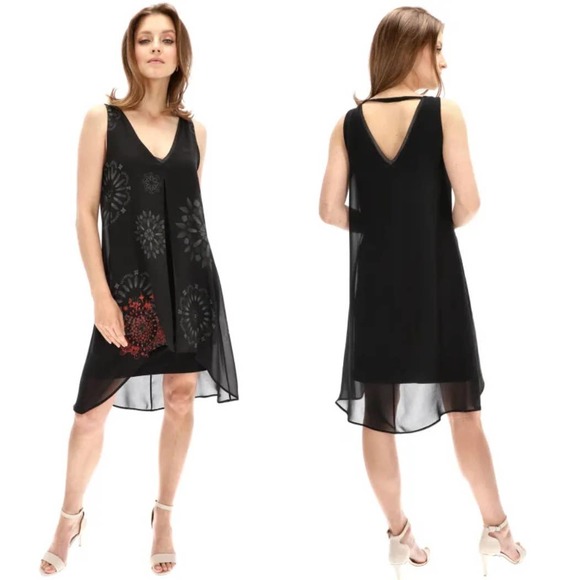 Desigual Dresses & Skirts - Desigual Chiffon Overlay Black Floral Sleeveless High Low Shift Dress Size M